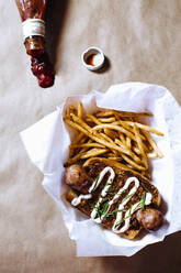 Chili-Dog mit Pommes frites aus hohem Winkel - BLEF12494