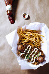 High angle view of chili dog with french fries - BLEF12494