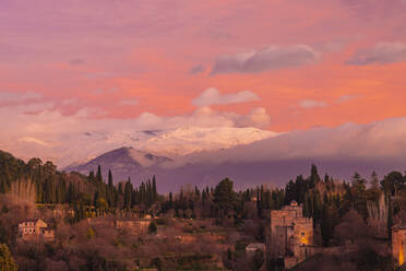 Blick auf die Alhambra mit dem Berg Sierra Nevada im Hintergrund bei Sonnenuntergang, Granada, Spanien - TAMF01865