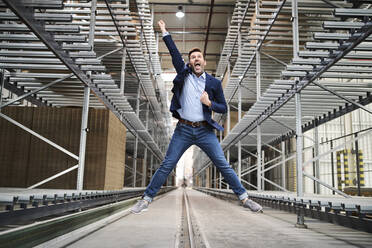 Excited businessman jumping in factory - BSZF01207