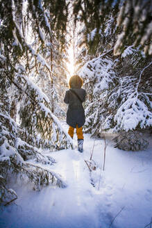Kaukasische Frau geht im verschneiten Wald spazieren - BLEF13394