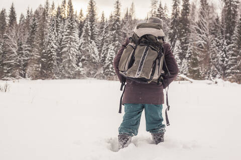 Gemischtrassiger Mann geht im verschneiten Wald spazieren, lizenzfreies Stockfoto