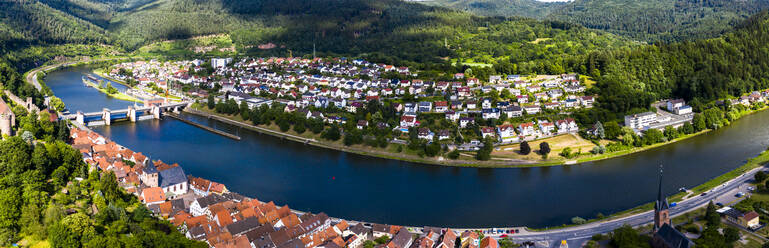 Aerial view of Neckar River in town, Hesse, Germany - AMF07243