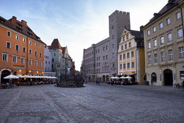 Town square amidst buildings against sky in city, Regensburg, Germany - ELF02050