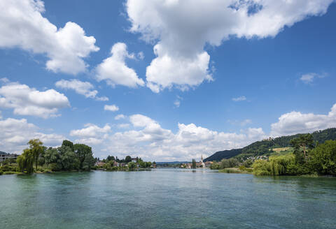 Scenic view of river against blue sky at Stein am Rhein, Switzerland - ELF02058