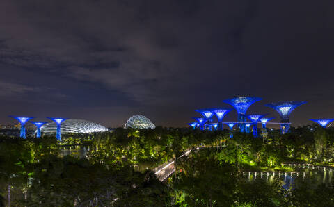 Gardens by the Bay mit Supertree Grove und Skywalk bei Nacht, Singapur, lizenzfreies Stockfoto