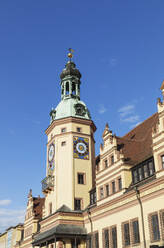 Low angle view of Town Hall Tower against blue sky in Leipzig, Saxony, Germany - GWF06197