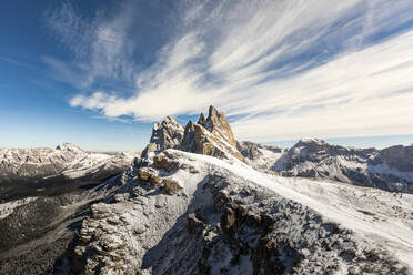 Seceda peak and mountains covered with snow against sky, Italy - WPEF01672