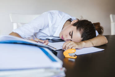 Exhausted female student lying on desk at home with documents - LJF00594