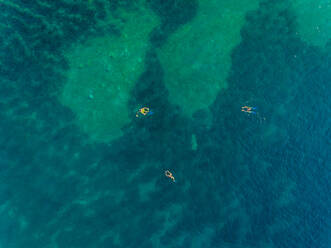 Luftaufnahme einer Gruppe, die mit Schwimmflossen im Meer der Insel Kioni schwimmt, Griechenland - AAEF00250
