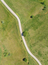 Aerial view of white car on asphalt road in the countryside, Greece - AAEF00556