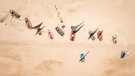 Aerial view of traditional fishing boats on the beach in Brazil. - AAEF00806