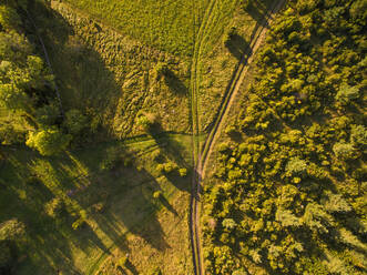 Aerial view of an empty road in green countryside in Estonia. - AAEF00933