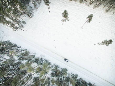 Luftaufnahme eines Autos auf einer verschneiten Straße im Wald in Estland. - AAEF00964