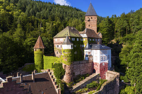Schloss Zwingenberg inmitten von Bäumen in der Stadt, Odenwald, Deutschland - AM07246