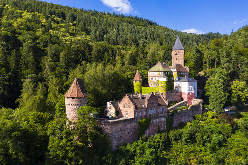 Schloss Zwingenberg inmitten von Bäumen vor blauem Himmel in der Stadt, Odenwald, Deutschland - AM07253