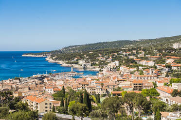 Blick über Cassis, Bouches du Rhone, Provence, Provence-Alpes-Cote d'Azur, Côte d'Azur, Frankreich, Mittelmeer, Europa - RHPLF00105