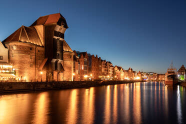 Medieval Port Crane Zuraw at twilight, Motlawa River, Gdansk, Poland, Europe - RHPLF00122