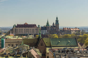 Aerial view of Wawel Castle and Cathedral and the medieval old town, UNESCO World Heritage Site, Krakow, Poland, Europe - RHPLF00152