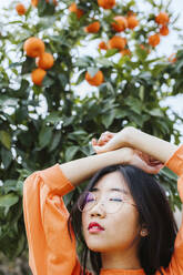 Portrait of young asian woman, tangerine tree in the background - LJF00610