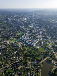 Aerial view of Trinity Lavra Of St. Sergius against sky in town, Moscow, Russia - KNTF03006