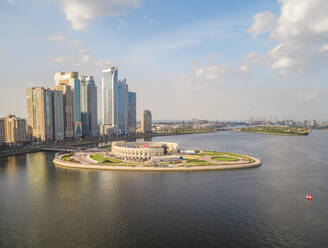 Aerial view of AlMajaz island amphitheatre on Khalid lake in Sharjah, U.A.E. - AAEF01090