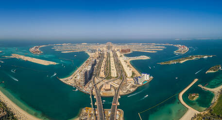 Panoramic aerial view of the Palm Jumeirah island in Dubai, U.A.E. - AAEF01146