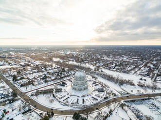 Aerial view of Baha'i House of Worship covered by fresh snow, Wilmette, USA. - AAEF01275