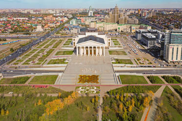 Aerial view of Astana Opera House, Nur Sultan, Kazakhstan. Taken from above Lovers park, with Astana Park in the background. Taken in Autumn. - AAEF01359
