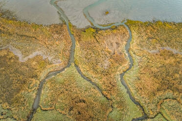 Luftaufnahme eines kleinen Flusses, der bei Sonnenuntergang ein Feuchtgebiet durchquert, Niederlande. - AAEF01424