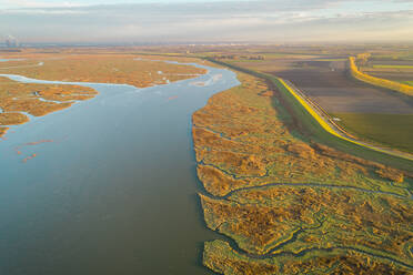 Luftaufnahme eines Flusses, der durch ein Feuchtgebietsökosystem fließt, Niederlande. - AAEF01450