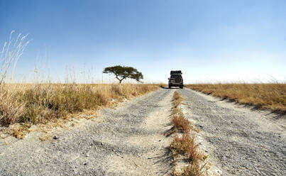Geländewagen auf einer unbefestigten Straße in einer typischen afrikanischen Savannenlandschaft, Makgadikgadi Pans, Botswana - VEGF00488