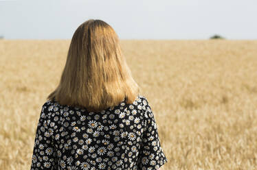 Rückenansicht einer Frau, die vor einem Getreidefeld steht - FLLF00275