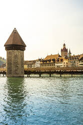 Chapel Bridge over Reuss river against clear sky in Lucerne, Switzerland - PUF01711