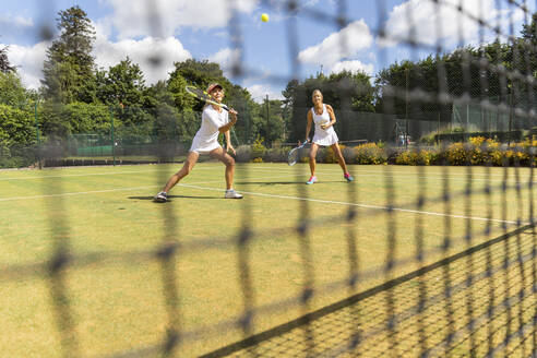 Reife Frauen bei einem Tennisspiel auf einem Rasenplatz - WPEF01754