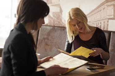 Frauen lesen Speisekarten in einem Café - BLEF14057