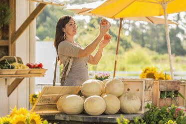 Hispanische Frau sieht sich auf dem Bauernmarkt Obst an - BLEF14076