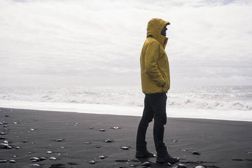 Mature man on a lava beach in Iceland, looking at the sea - UUF18673
