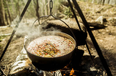 Nahaufnahme einer über dem Lagerfeuer kochenden Suppe - BLEF14372