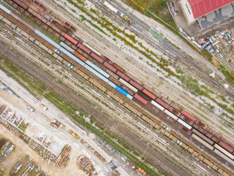 Aerial view above of rail train system creating abstract image. - AAEF01912