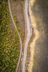 Luftaufnahme einer leeren Straße, umgeben von nordischen Wäldern und der Küste der Insel Vormsi, Estland. - AAEF02055