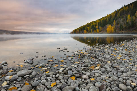 Sonnenaufgang am Ufer des Lake McDonald, Glacier National Park, Montana, Vereinigte Staaten von Amerika, Nordamerika, lizenzfreies Stockfoto