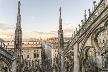 View of the Duomo (Cathedral) in Milan from the roof before sunset in winter, Milan, Lombardy, Italy, Europe - RHPLF00334