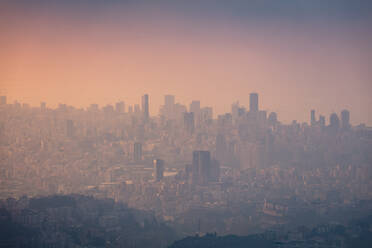 Looking towards Beirut to Aley (high ground), during golden hour on a hazy day, Beirut, Lebanon, Middle East - RHPLF00357