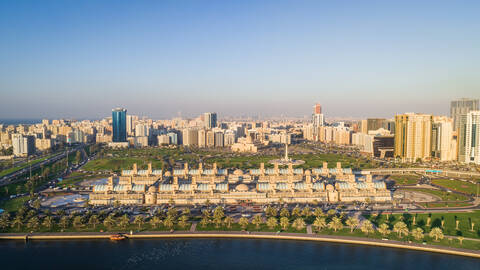 Aerial view of Flag Island and cityscape in Khalid Lake, Dubai, UAE. stock photo