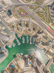 Aerial view of Dubai Marina, cityscape with skyscrapers and winding roads, UAE. - AAEF02340