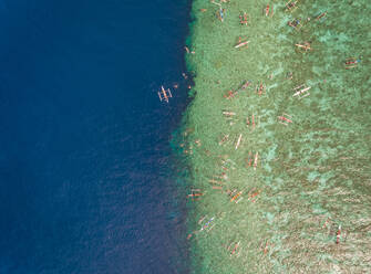 Luftaufnahme von Kajaks und schwimmenden Menschen vor der Insel Balicasag, Philippinen. - AAEF02404