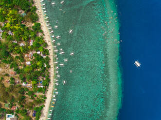 Aerial view of beach, buildings, filipino boats, Balicasag Island, Philippines. - AAEF02408