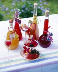 Verschiedene hausgemachte Fruchtlikörflaschen mit Früchten auf einem Tisch - PPXF00225