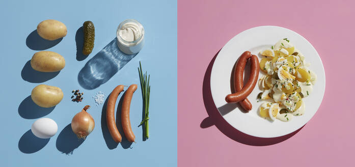 Directly above shot of healthy meal by ingredient in plate with fork on colored background - KSWF02062